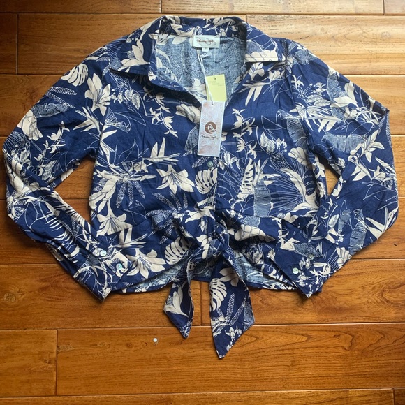 NWT PANAMA JACK Long Sleeve Palm Leaf Tropical Crop Top Linen Blend Size Medium - Picture 2 of 13